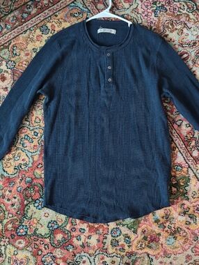 Outerknown Navy Ribbed Henley Long Sleeve Top
